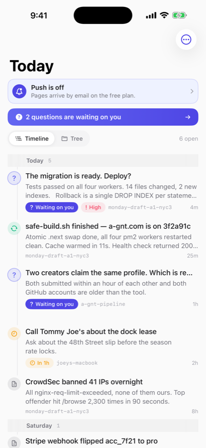 The Page inbox as a timeline, with questions waiting on an answer