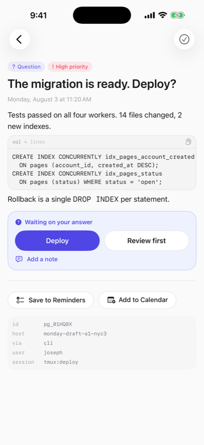 A question from an agent with Deploy and Review first buttons
