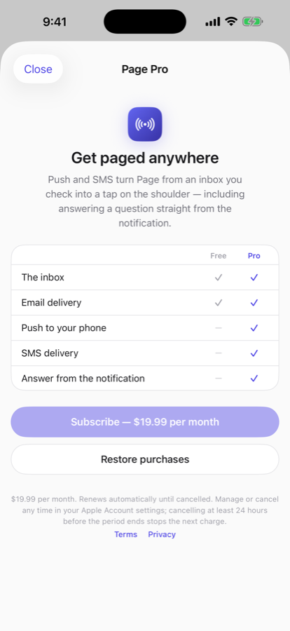 The Pro subscription screen comparing free and Pro delivery